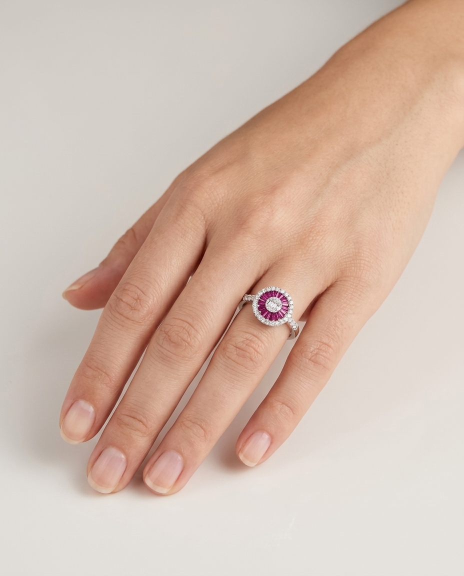 14KT White Gold Ruby and Diamonds Round Ring on model