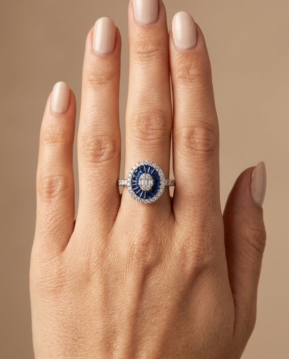 14KT White Gold Blue Sapphire and Diamonds Oval Ring on model
