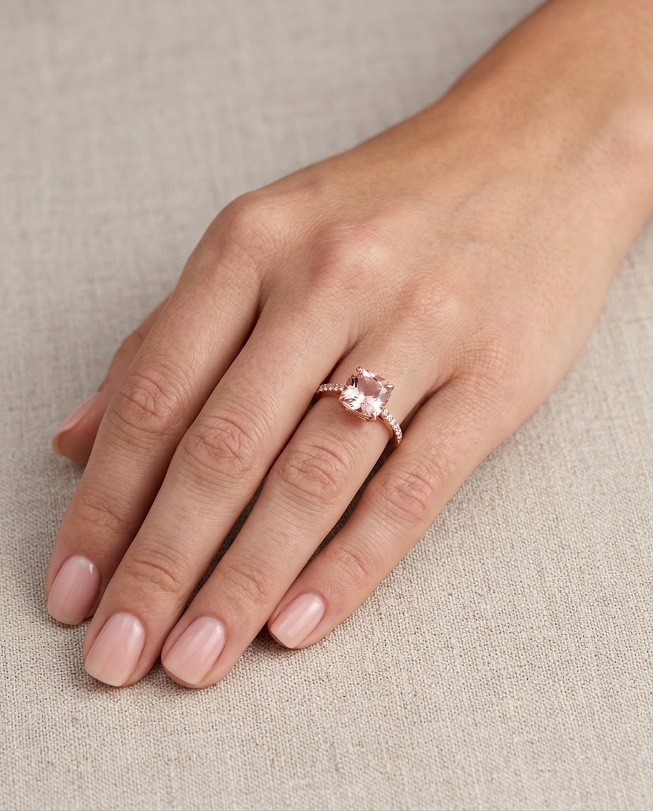 14KT Rose Gold Morganite and Diamonds Ring on model