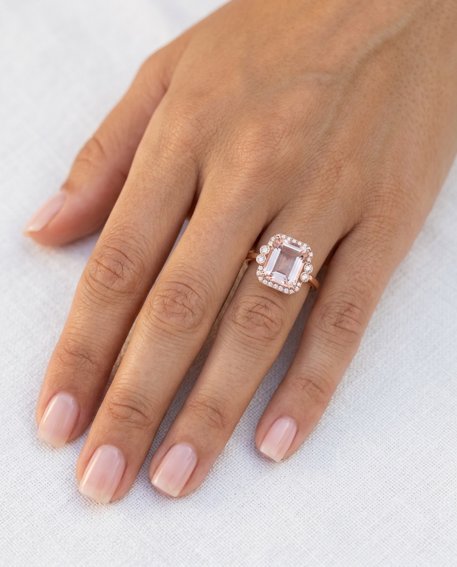 14KT Rose Gold Morganite and Diamonds Ring on model