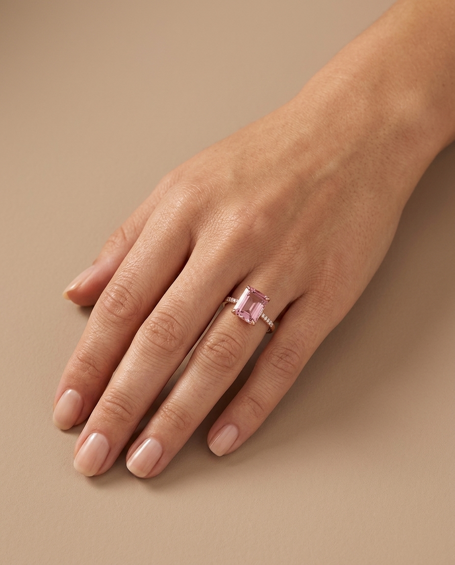 14KT Rose Gold Morganite and Diamonds Ring on model