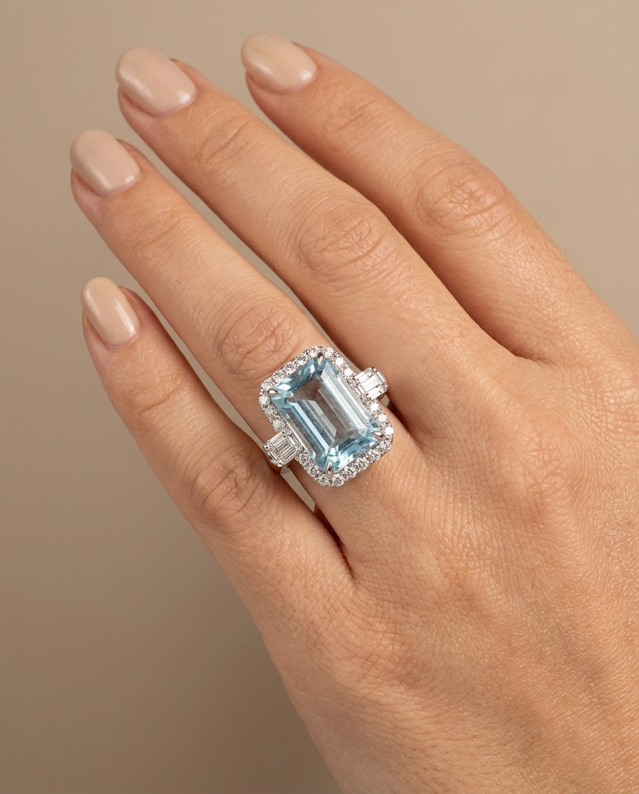 14KT White Gold Aquamarine and Diamonds Ring on model