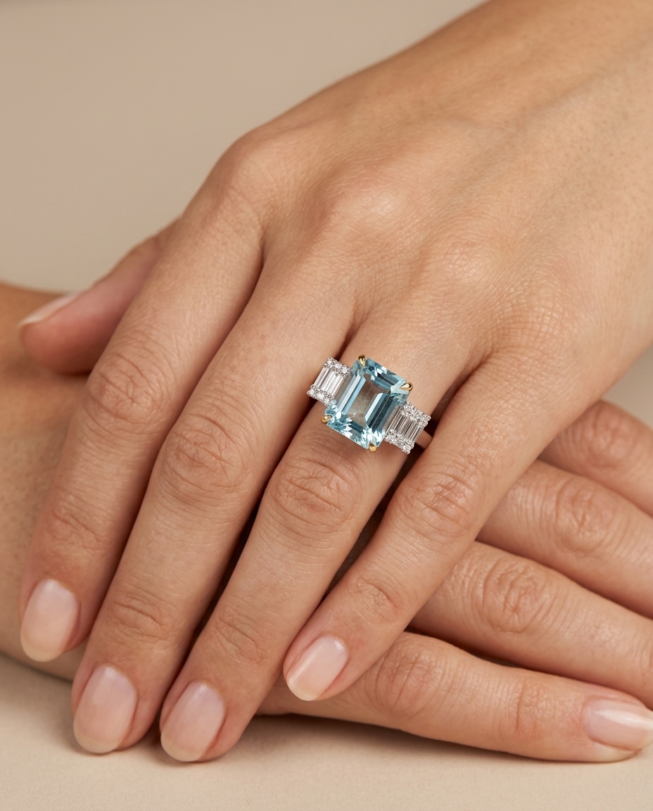 14KT White Gold Aquamarine and Diamonds Ring on model