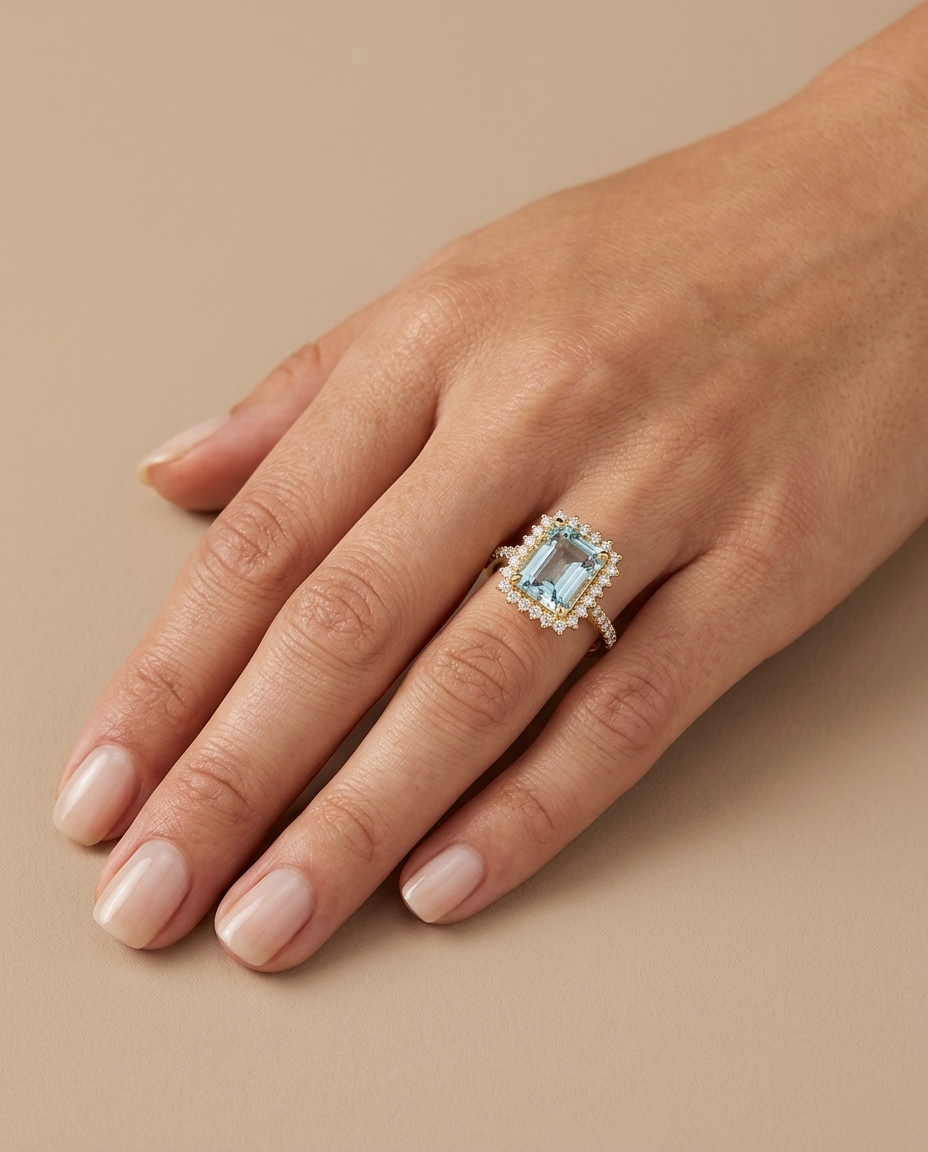 14KT Yellow Gold Aquamarine and Diamonds Ring on model
