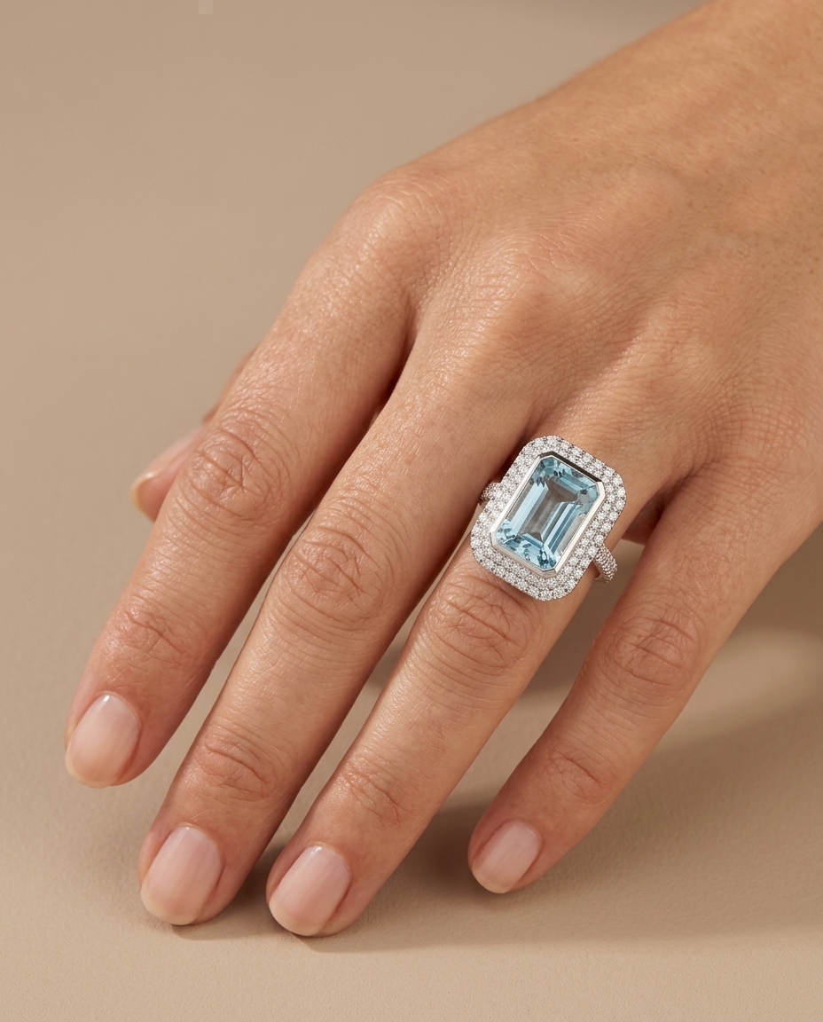 14KT White Gold Aquamarine and Diamonds Ring on model