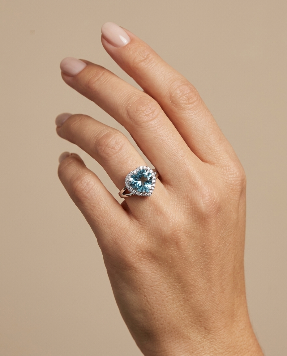 Heart Shape Aquamarine Ring with Diamonds on model