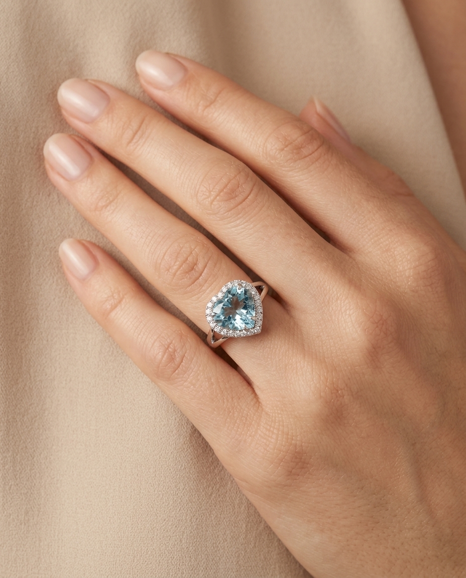 Heart Shape Aquamarine Ring with Diamonds on model