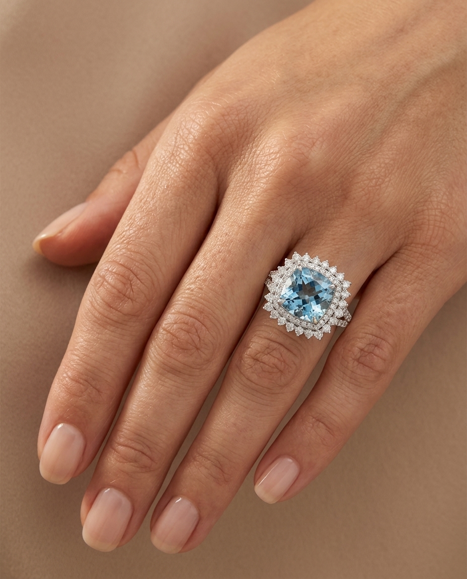 14KT White Gold Aquamarine and Diamonds Ring on model