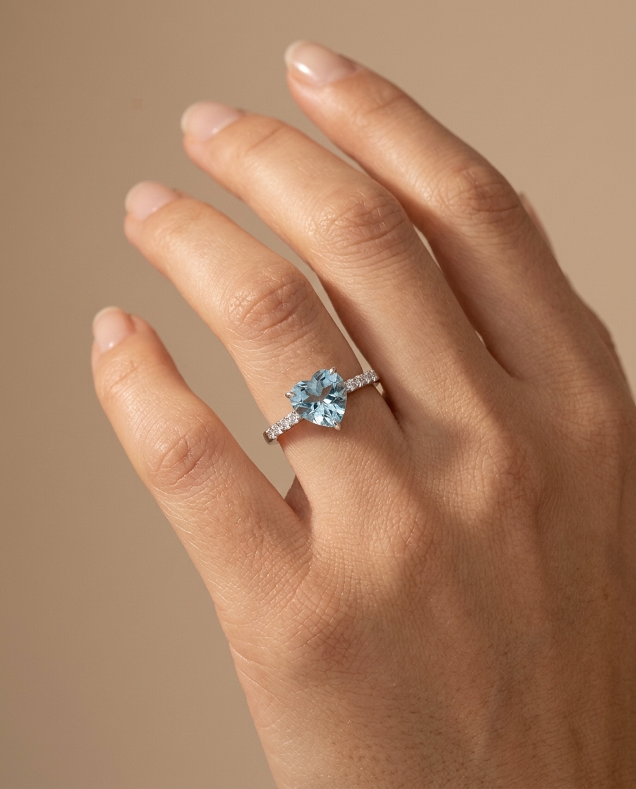 14KT White Gold Heart Shape Aquamarine and Diamonds Ring on model