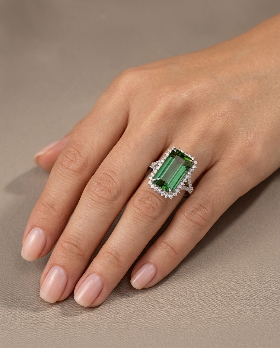 14KT White Gold Rectangle Rectangle Tourmaline and Diamonds Ring on model