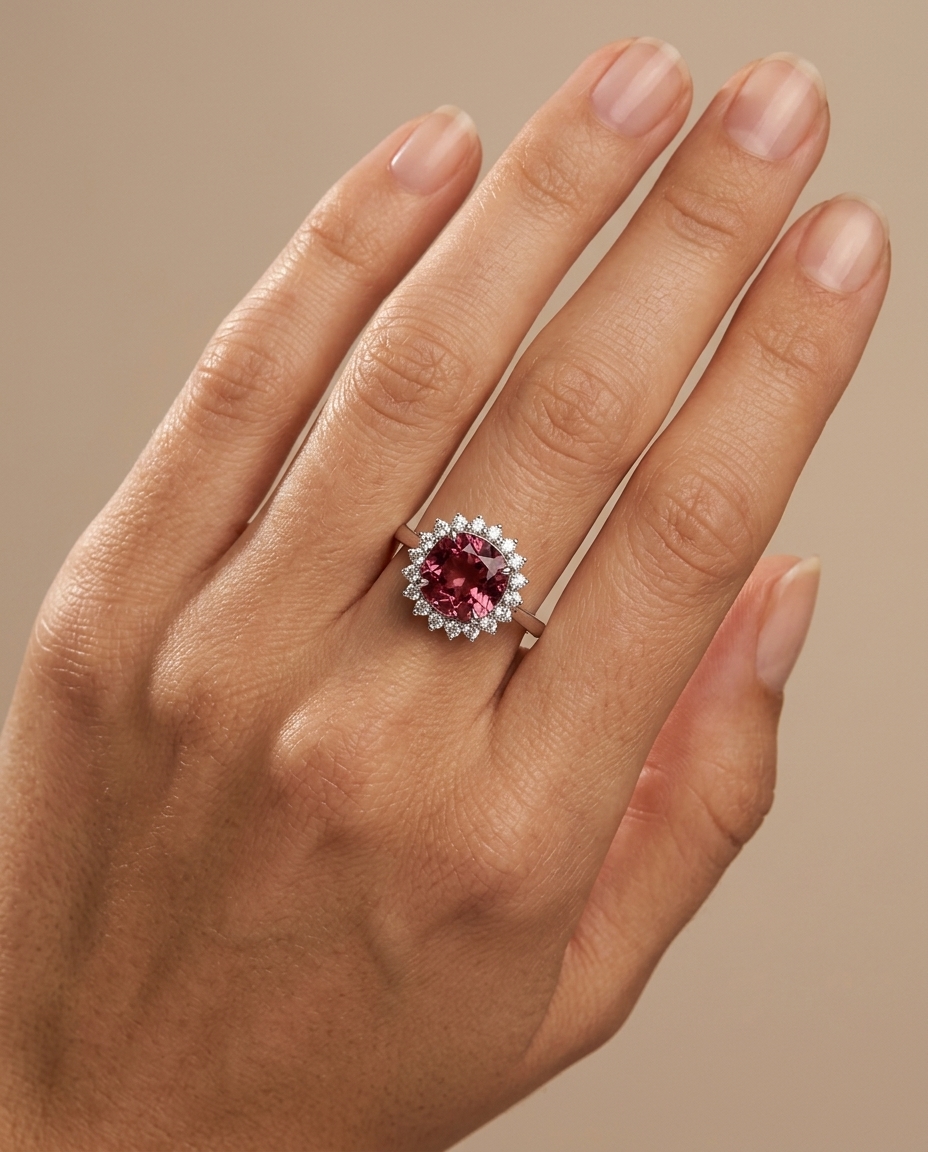 14KT White Gold Pink Tourmaline and Diamonds Ring on model