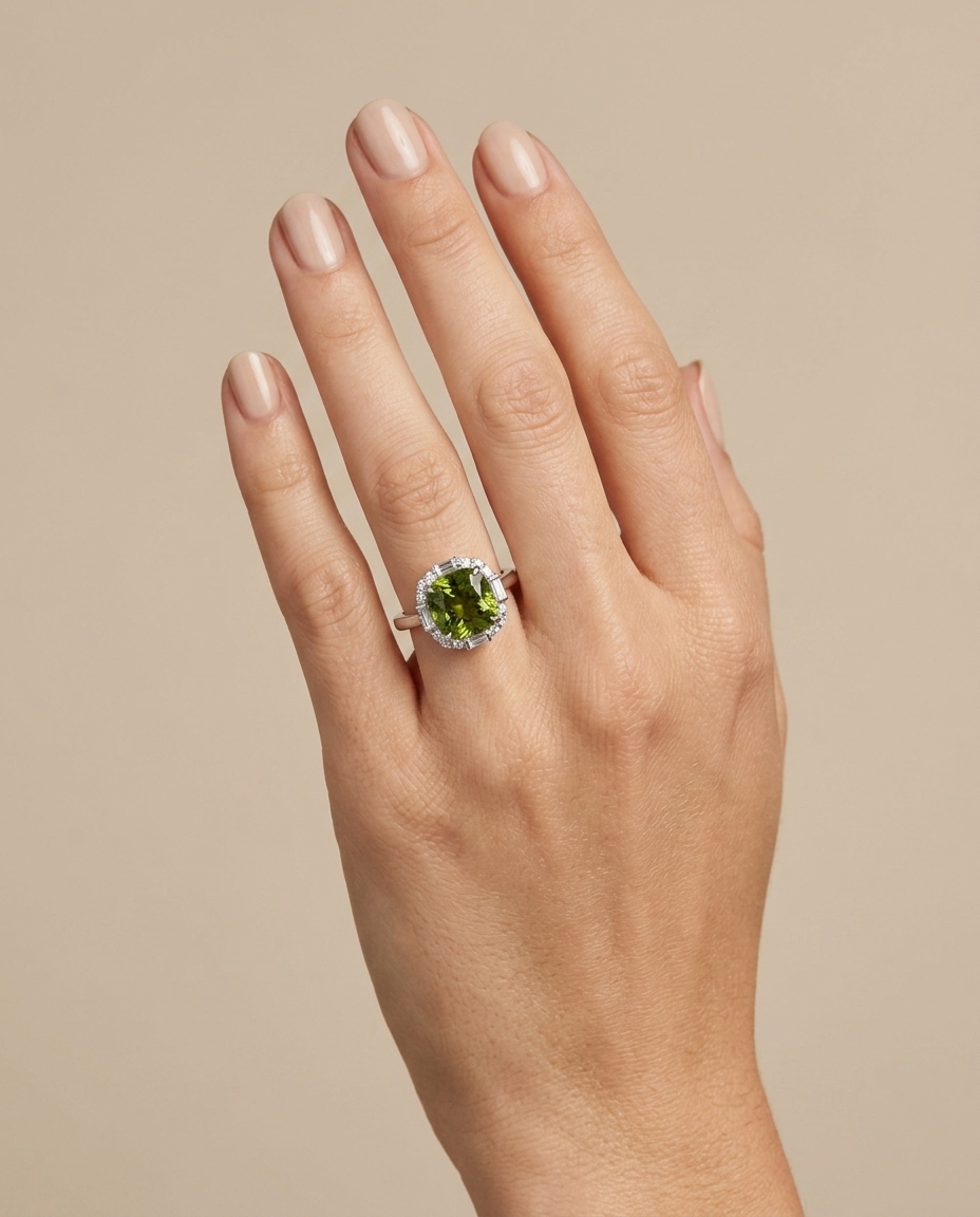 14KT White Gold Square Rectangle Tourmaline and Diamonds Ring on model