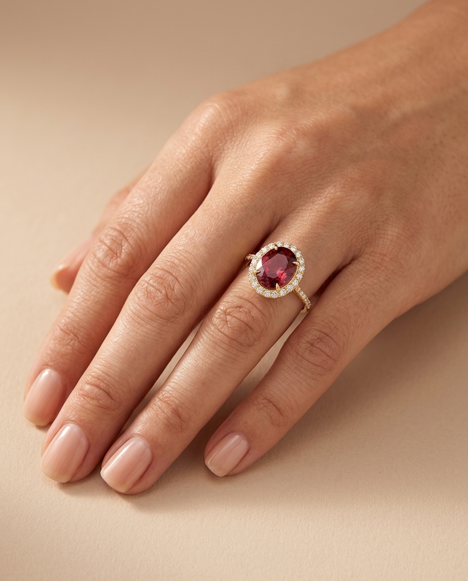 14KT Yellow Gold Pink Tourmaline and Diamonds Ring on model