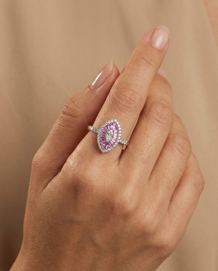 14KT White Gold Pink Sapphire and Diamonds Marquise Ring on model