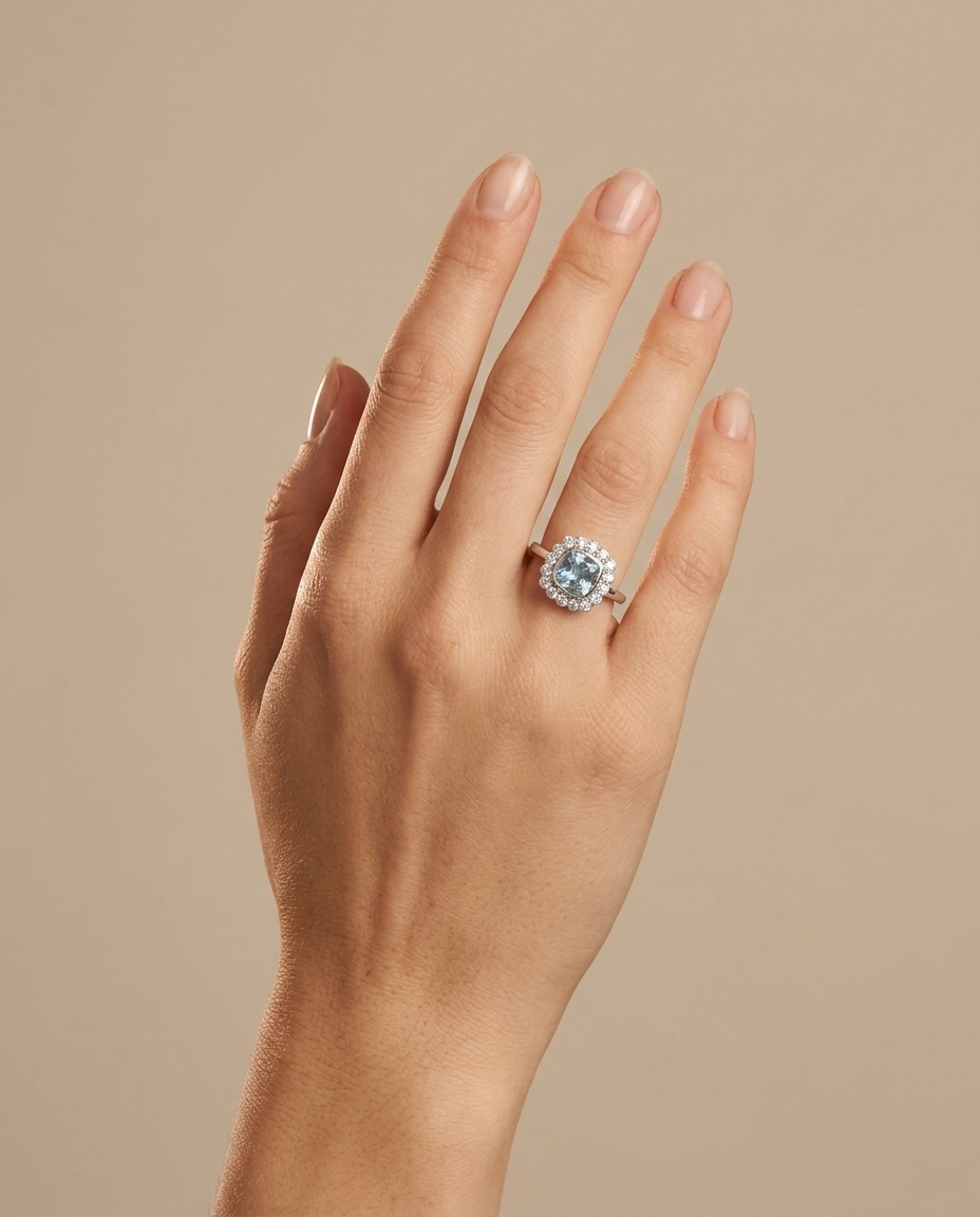 14KT White Gold Aquamarine and Diamonds Ring on model