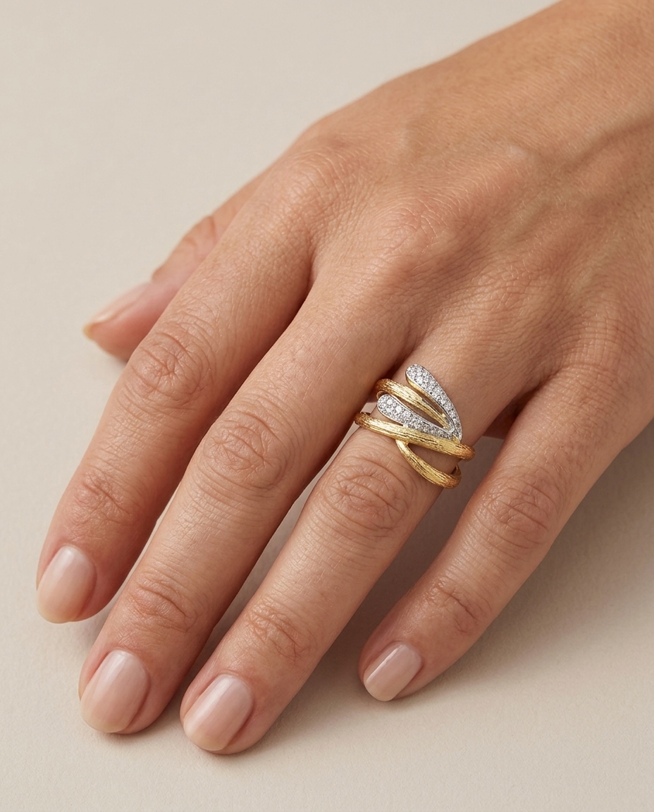 14KT Two Tone Gold Diamond Ring on model
