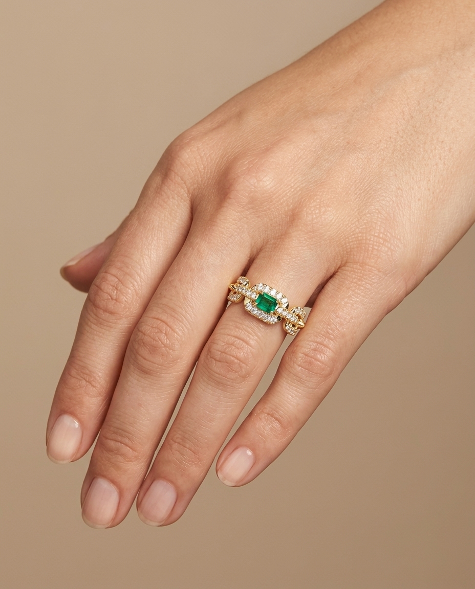 14KT Yellow Gold Diamond and Emerald Ring on model