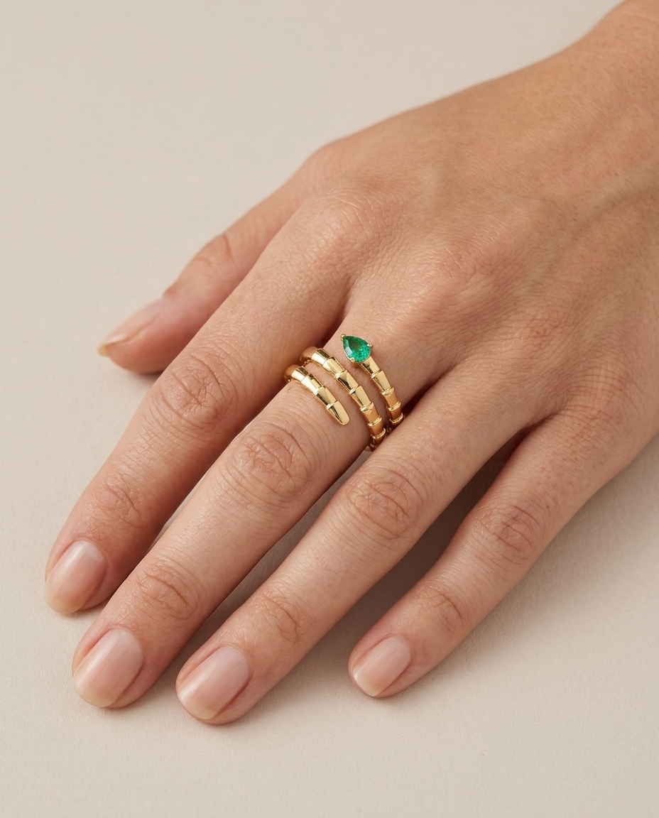 14KT Yellow Gold Emerald Snake Ring on model