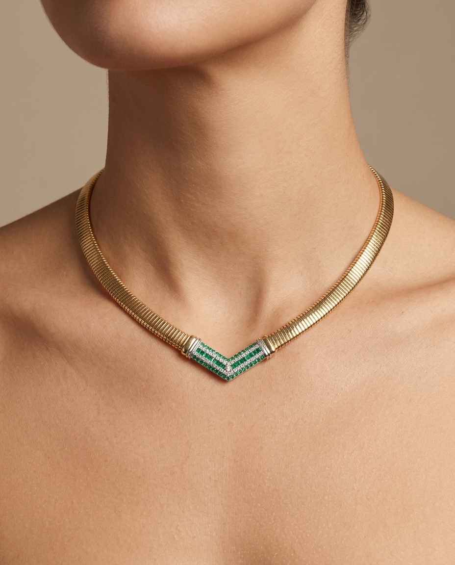 14KT Gold Diamond Tubogas Necklace on model
