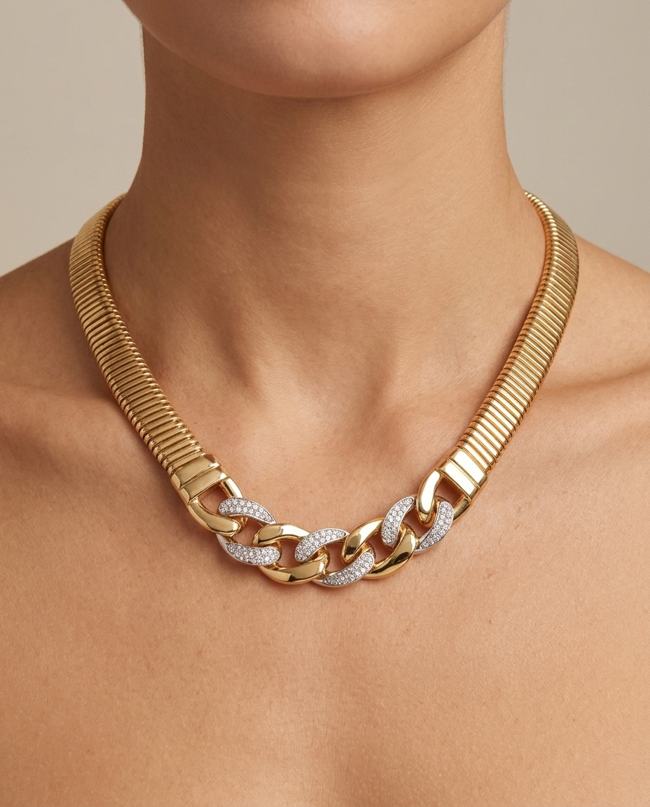14KT Yellow Gold Diamond Flat Tubogas Necklace on model
