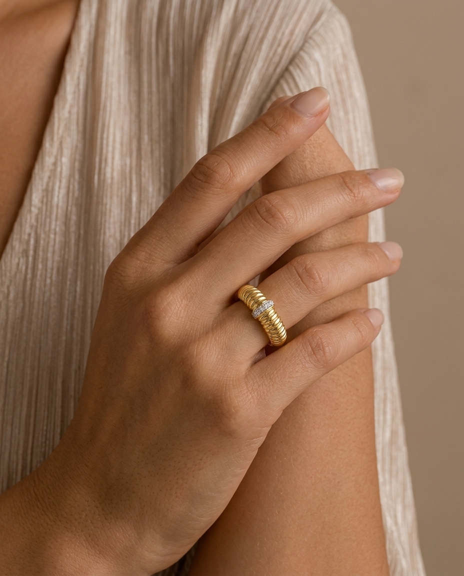 14KT Yellow Gold and Diamonds Tubogas Ring on model