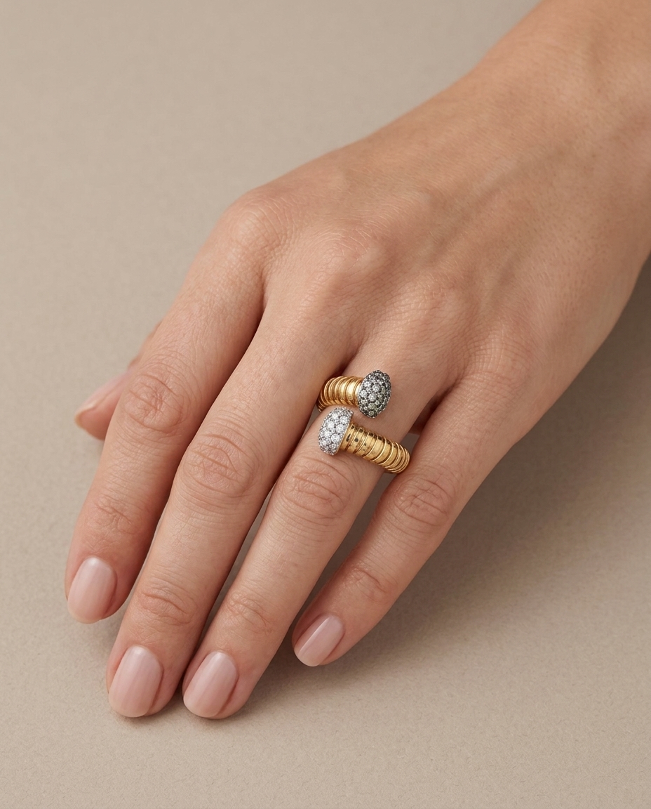 14KT Yellow Gold Diamond Open Bypass Ring on model
