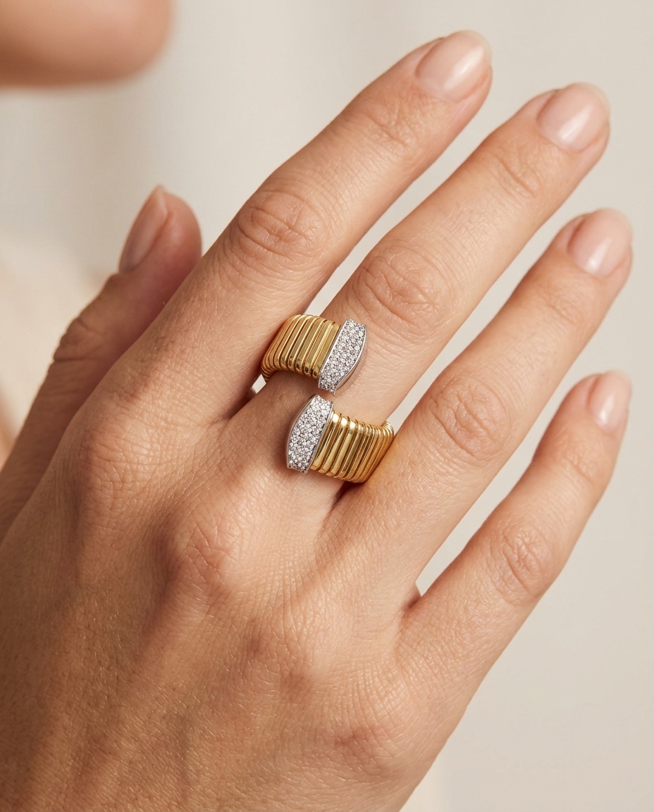 14KT Yellow Gold Diamond Open Bypass Ring on model