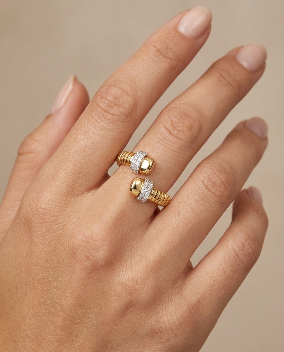 14KT Yellow Gold Diamond Open Bypass Ring on model