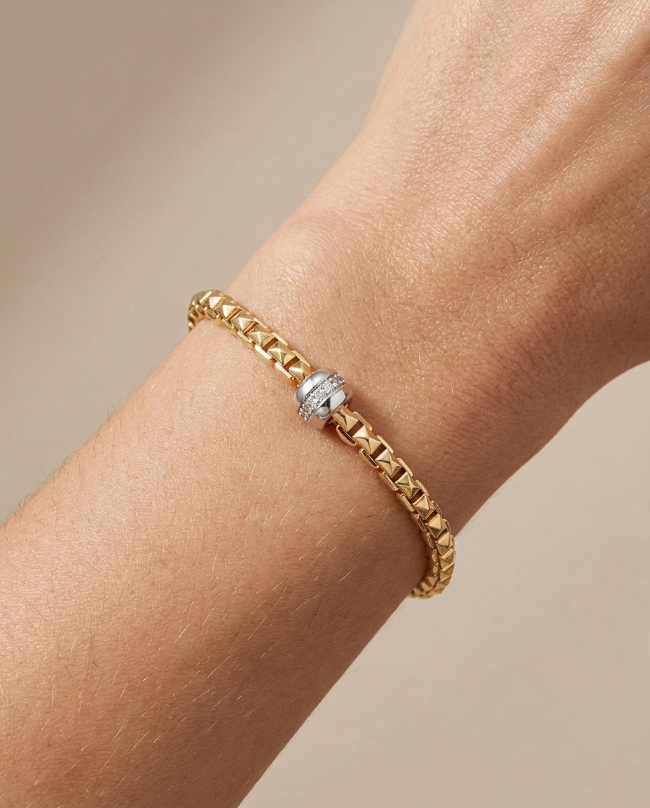 14KT Yellow Gold Bracelet with Diamond Bead Charm on model