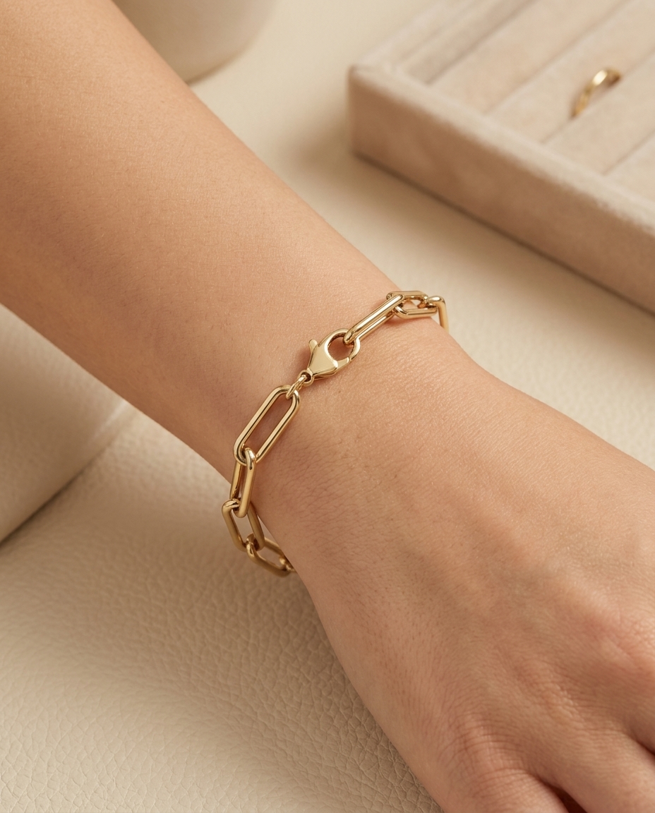 14KT Gold Paperclip Bracelet on model