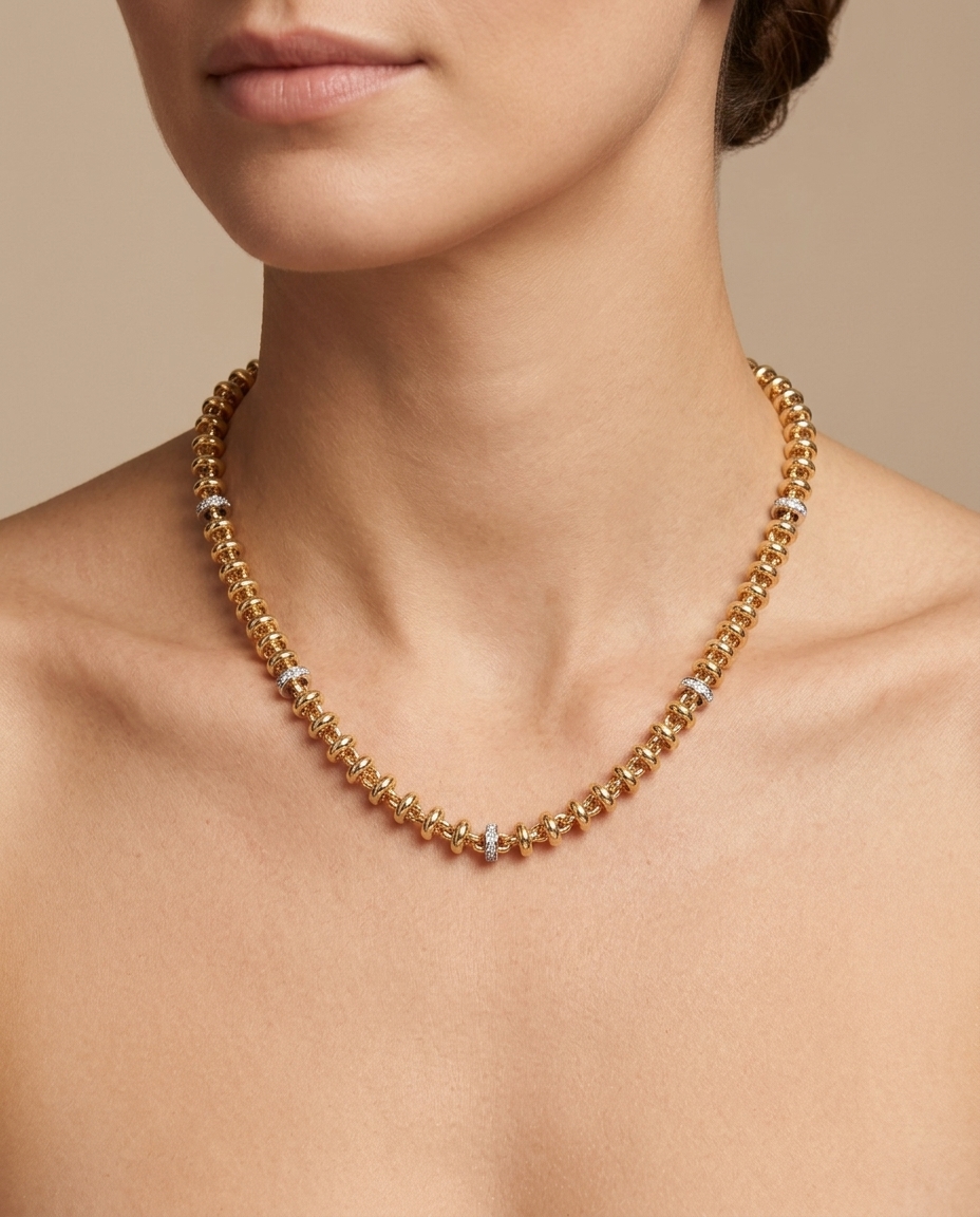 14KT Gold Rondelle Station Necklace on model