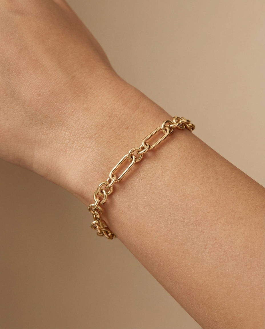 14KT Gold Paperclip Bracelet on model