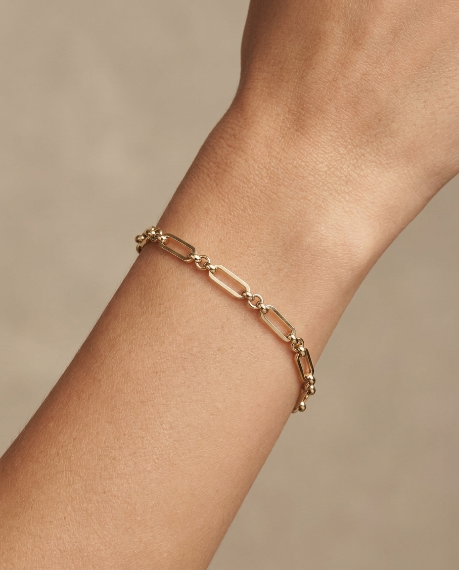 14KT Gold Paperclip Bracelet on model
