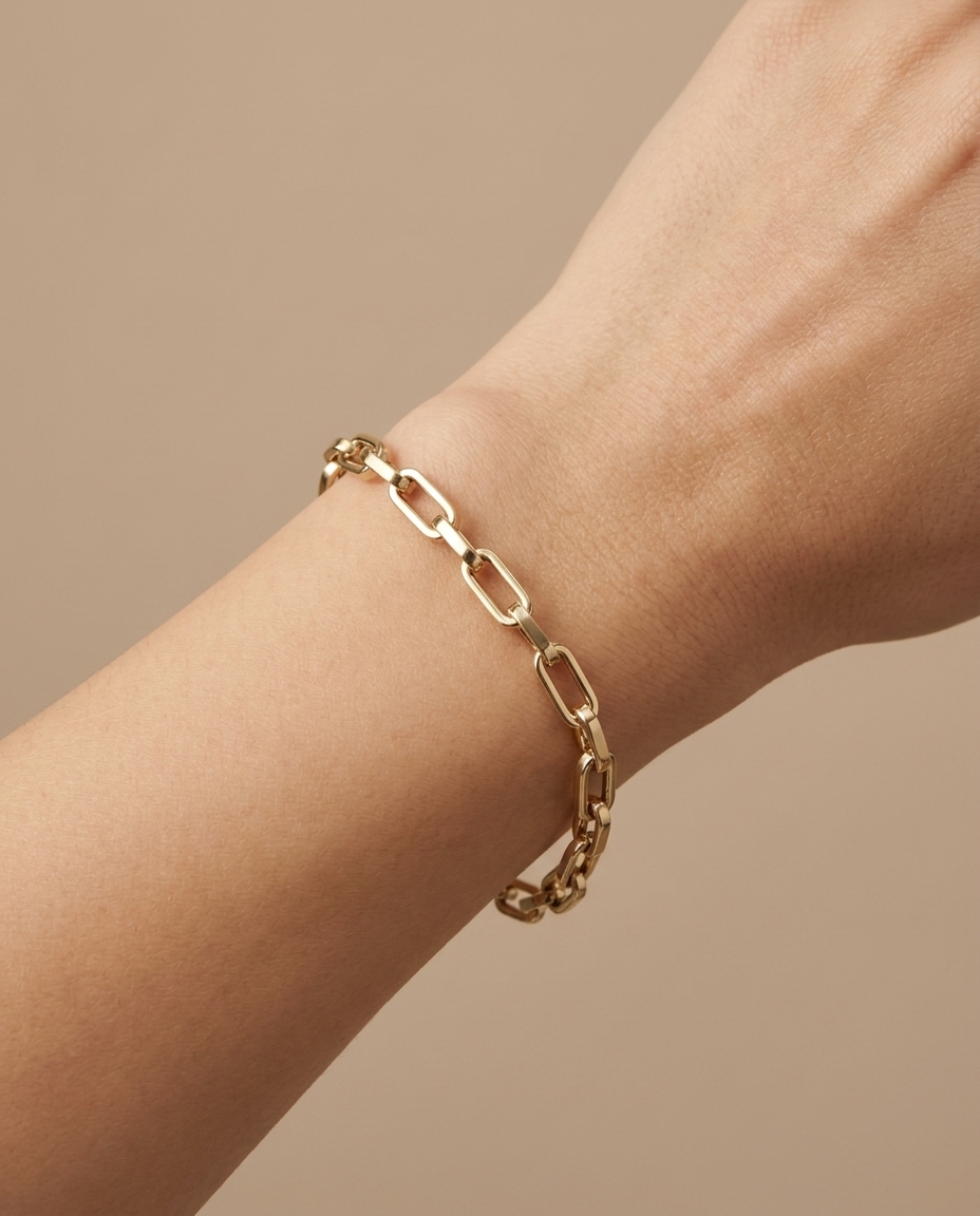 14KT Gold Paperclip Bracelet on model