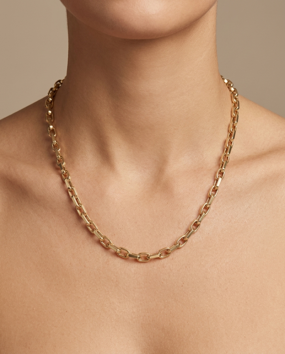 14KT Yellow Gold Paperclip Necklace on model