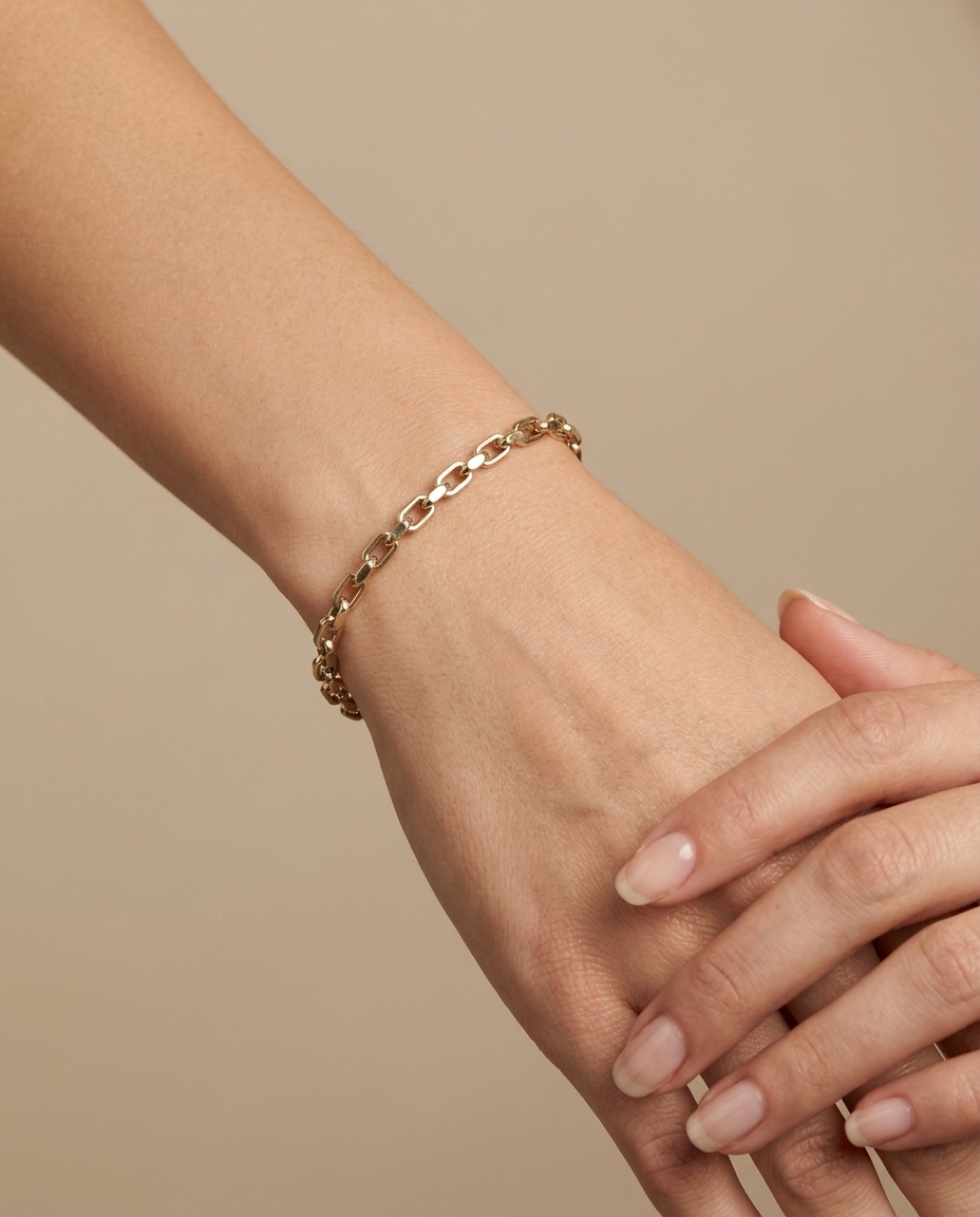 14KT Gold Paperclip Bracelet on model
