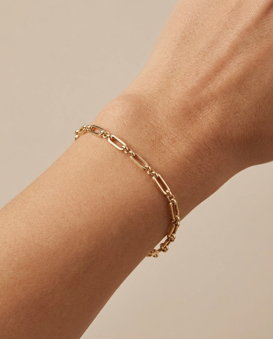 14KT Gold Paperclip Bracelet on model