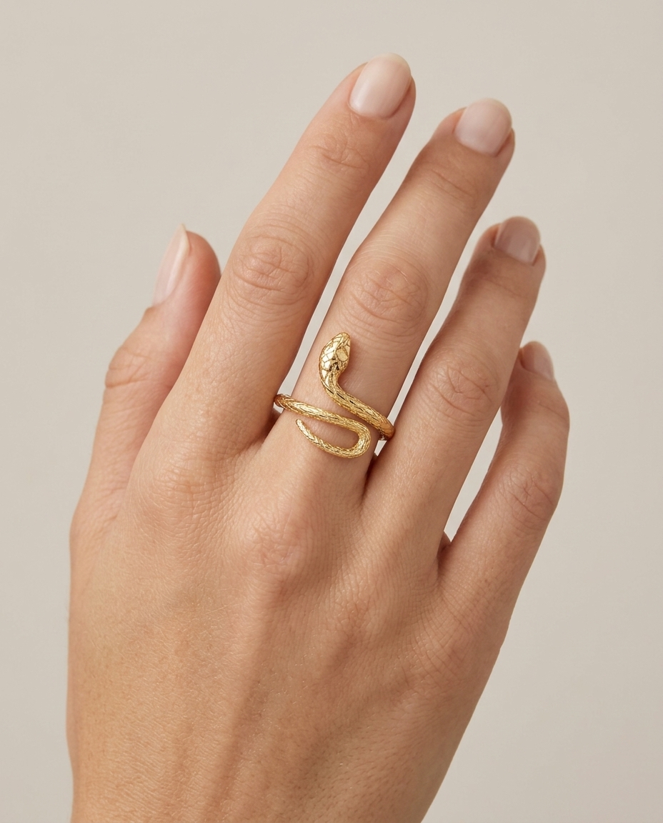 14KT Yellow Gold Snake Ring on model