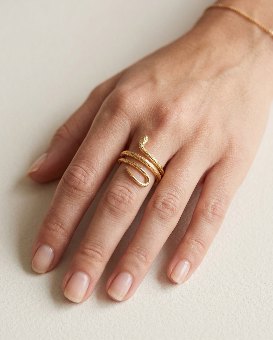 14KT Yellow Gold Snake Ring on model