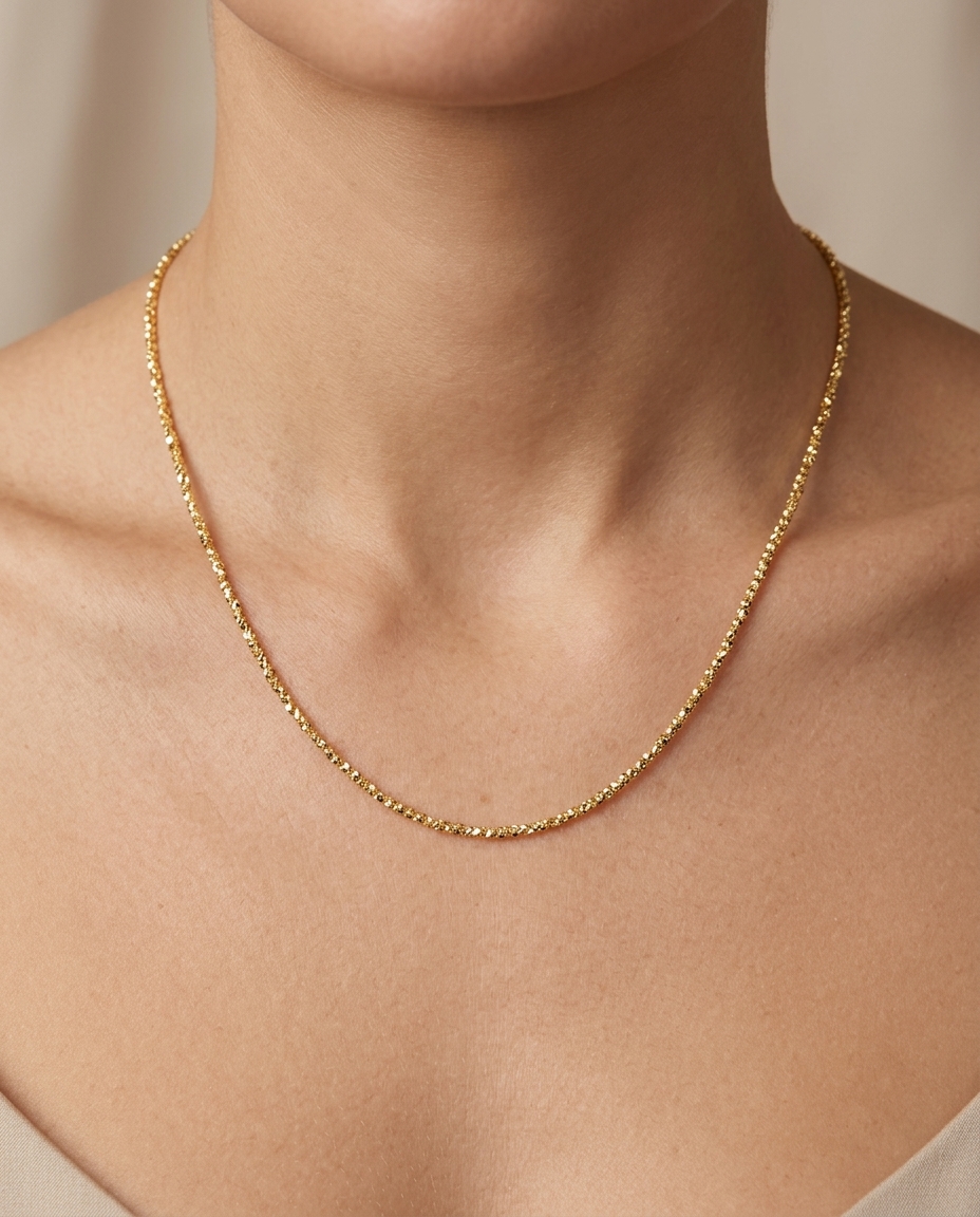 14KT Gold Diamond Cut Chain Necklace on model