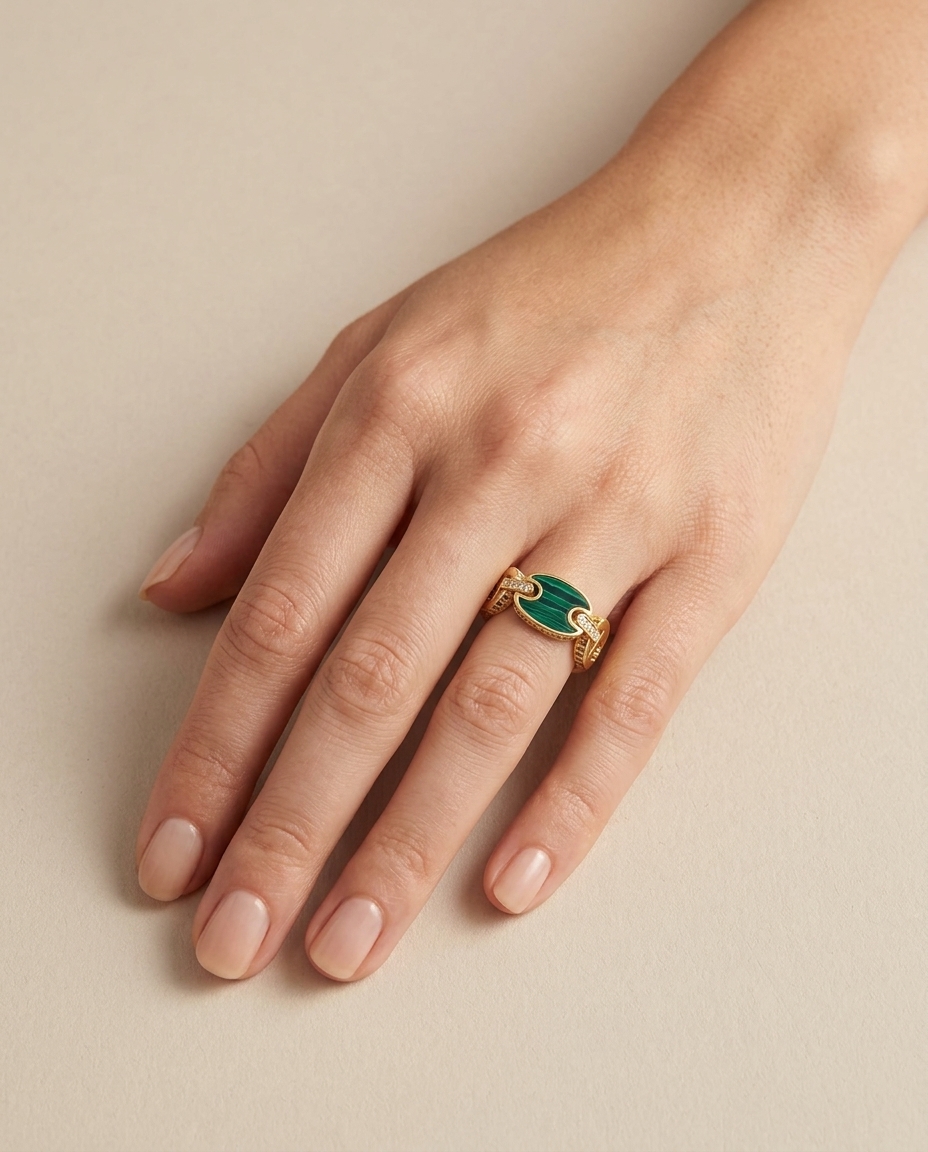 14KT Yellow Gold Malachite and Diamonds Ring on model