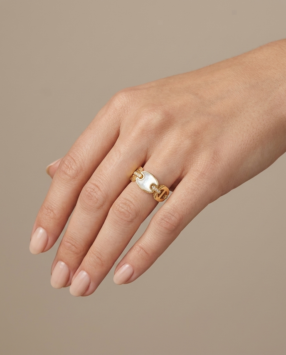 14KT Yellow Gold Mother of Pearl and Diamonds Ring on model