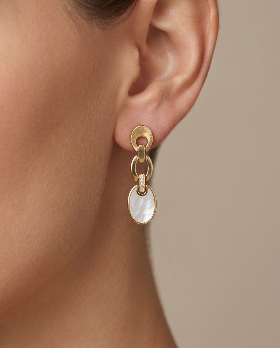 14KT Yellow Gold Mother of Pearl and Diamonds Earring on model