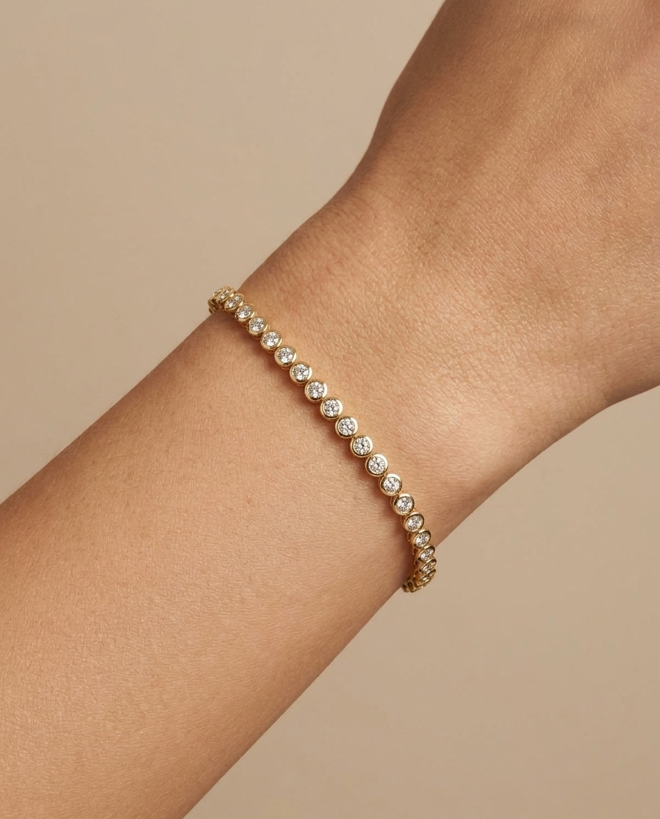 14KT Gold Diamond Bezel Set Tennis Bracelet on model