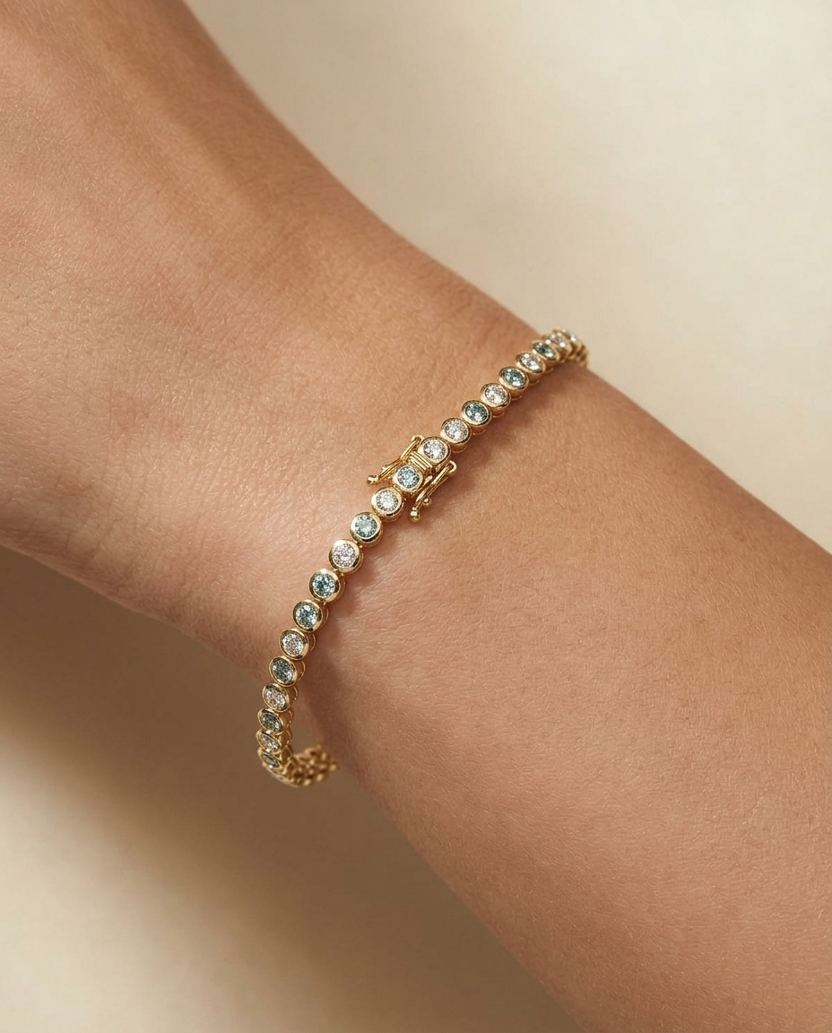 14KT Gold Diamond Bezel Set Tennis Bracelet on model