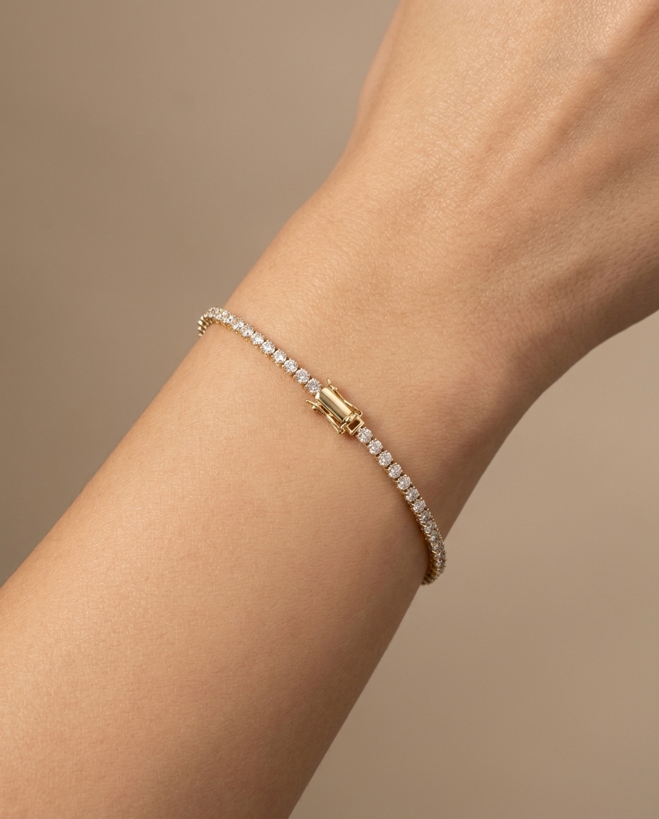14KT Gold Diamond Tennis Bracelet (1.5 MM) on model