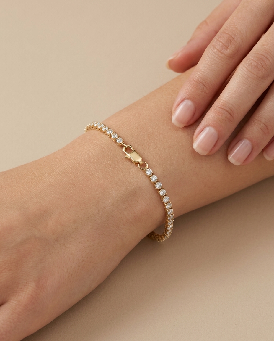 14KT Gold Diamond Tennis Bracelet (1.5 MM) on model