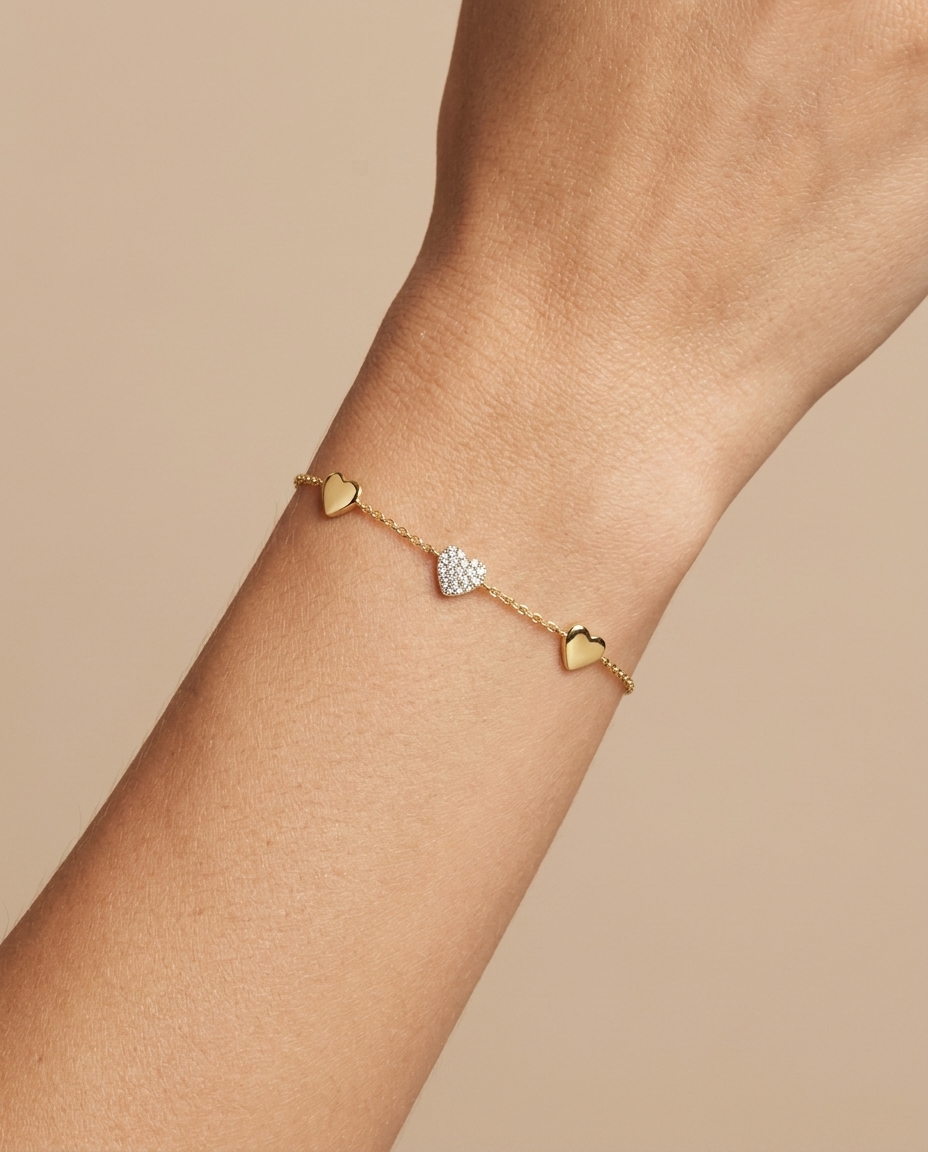 14KT Yellow Gold Diamond Heart Bracelet on model