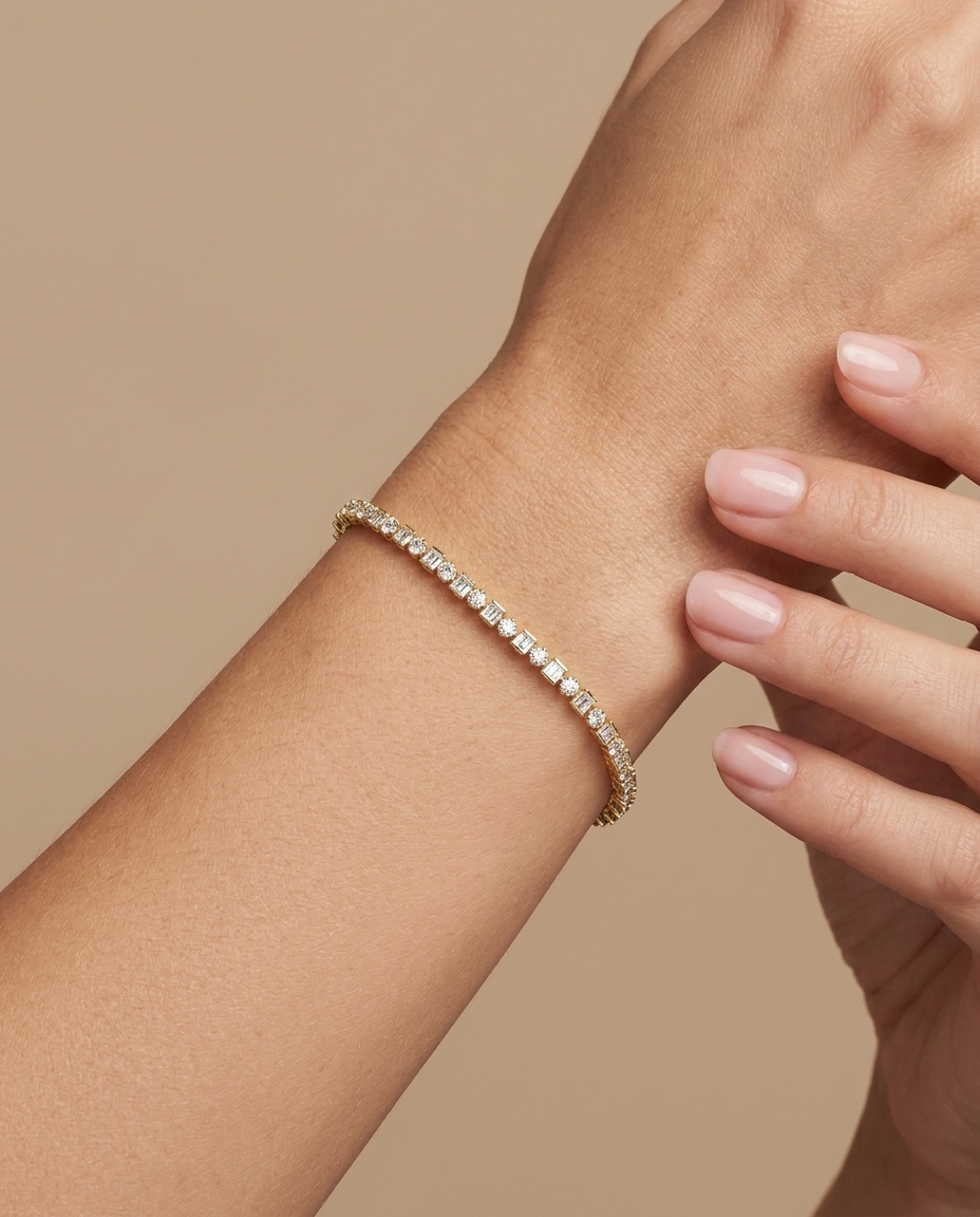 14KT Yellow Gold Diamond and Baguette Diamonds Tennis Bracelet on model