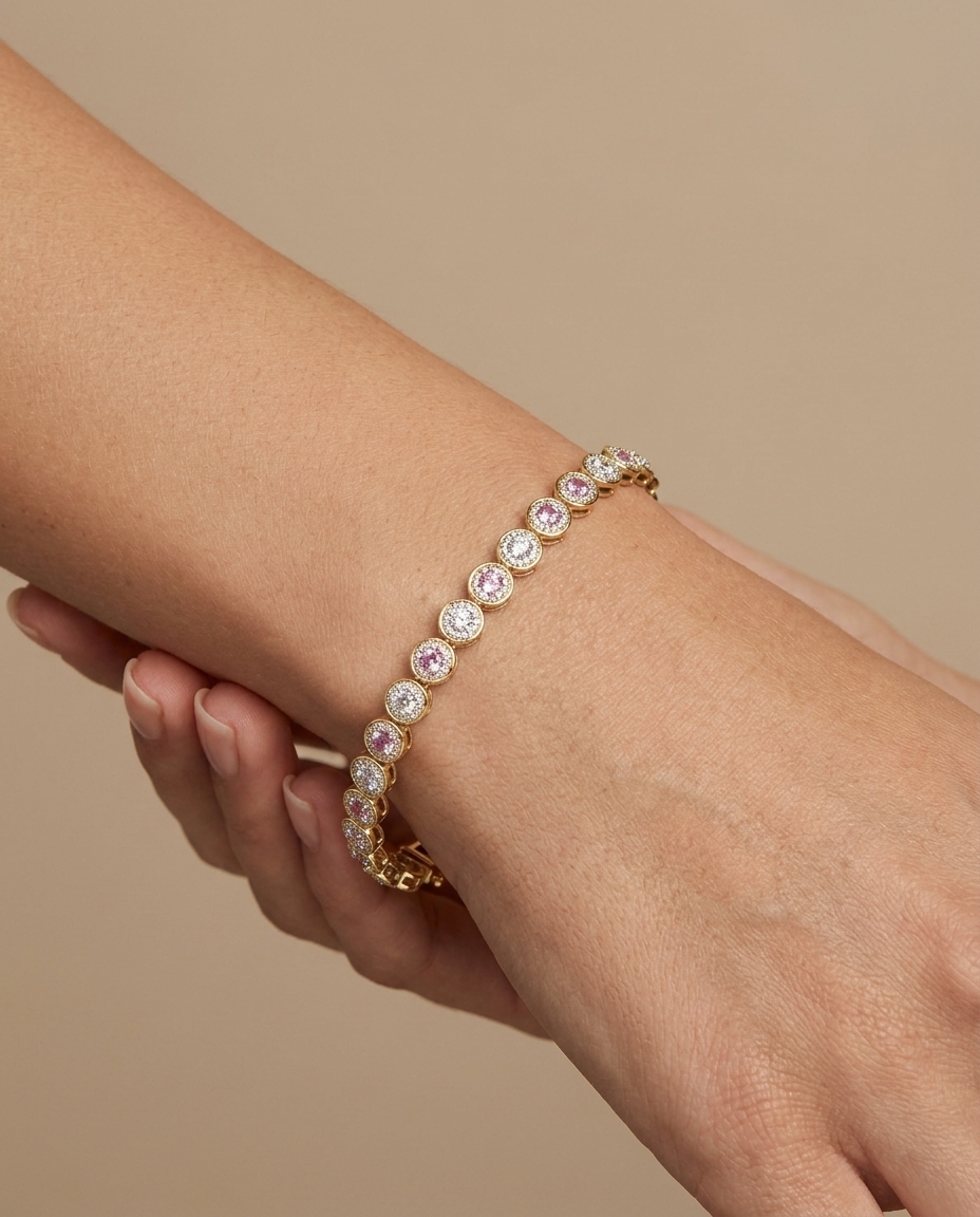 14KT Gold Pink Sapphire and Diamonds Tennis Bracelet on model